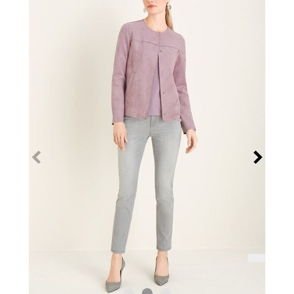 Chico's Faux Scuba Suede Jacket Lavender Button Down W Pocket Soft Size 1 (8/10) - Picture 2 of 10